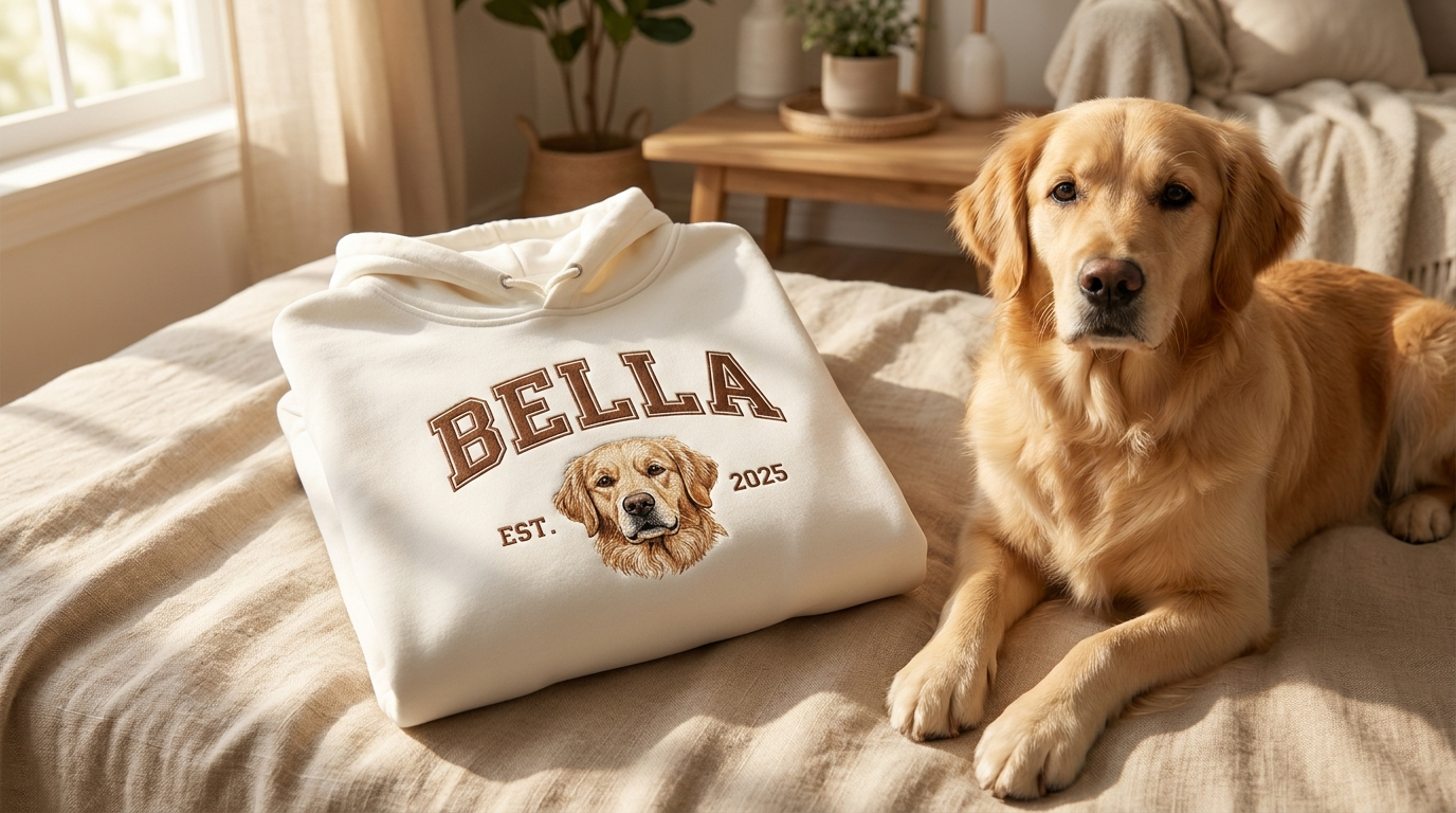 Cream Paw Stitch hoodie with embroidered varsity pet portrait next to a golden retriever
